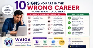 Illustration showing 10 signs you are in the wrong career and how the WAIGA Career Clarity Framework helps identify a better career path.