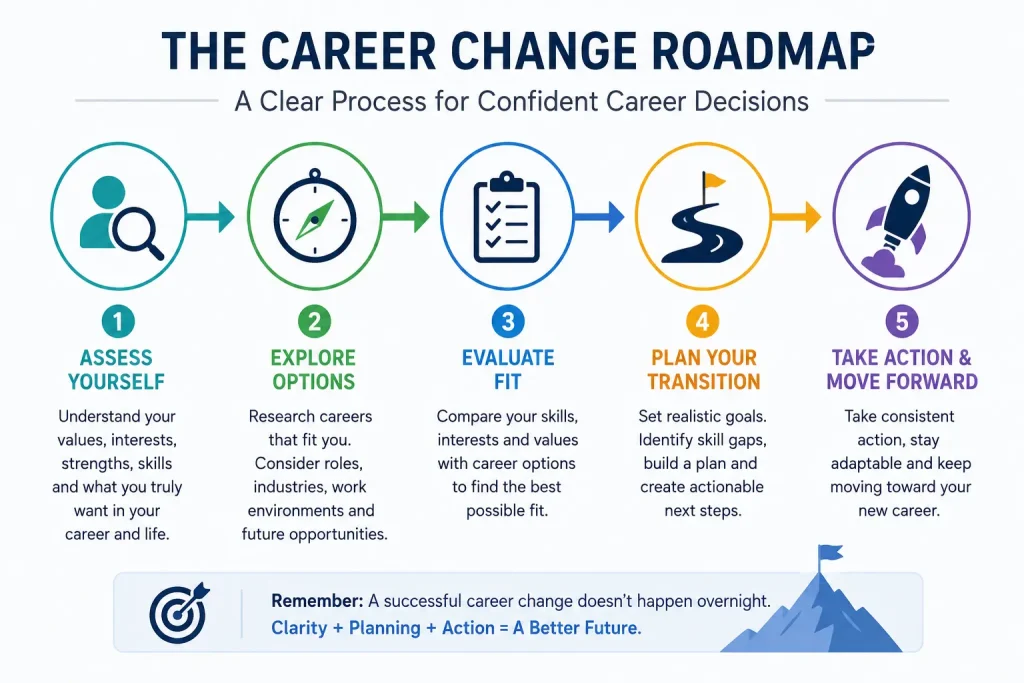 Career change roadmap showing five stages from self-assessment to taking action