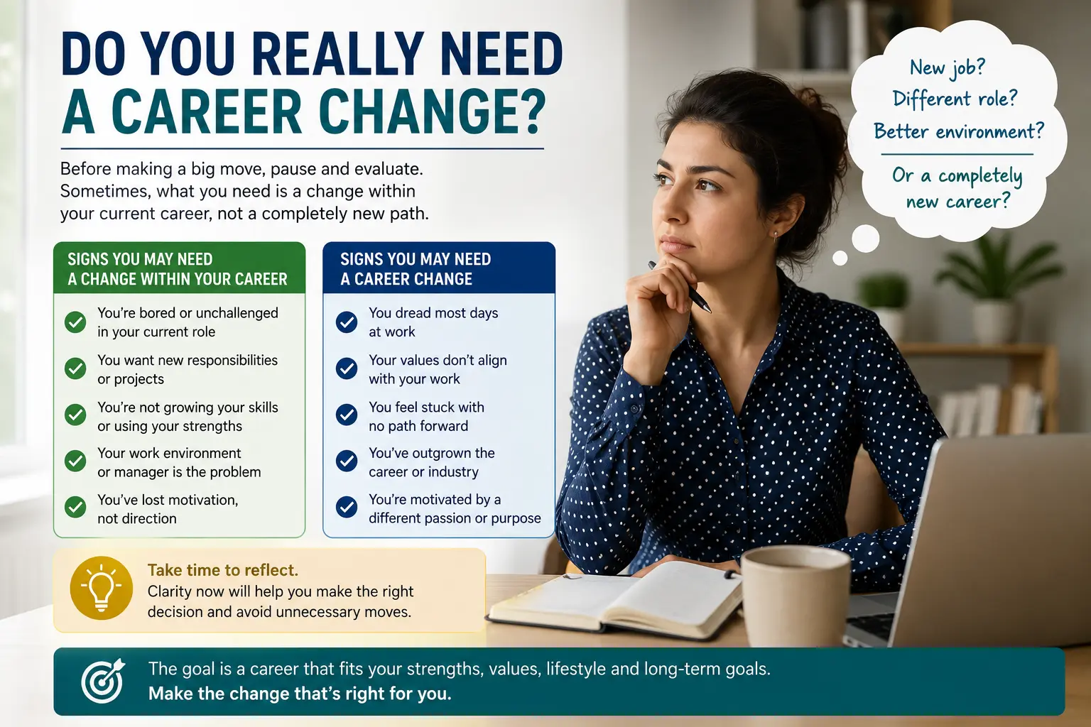 Woman considering whether she needs a career change or a change within her current career