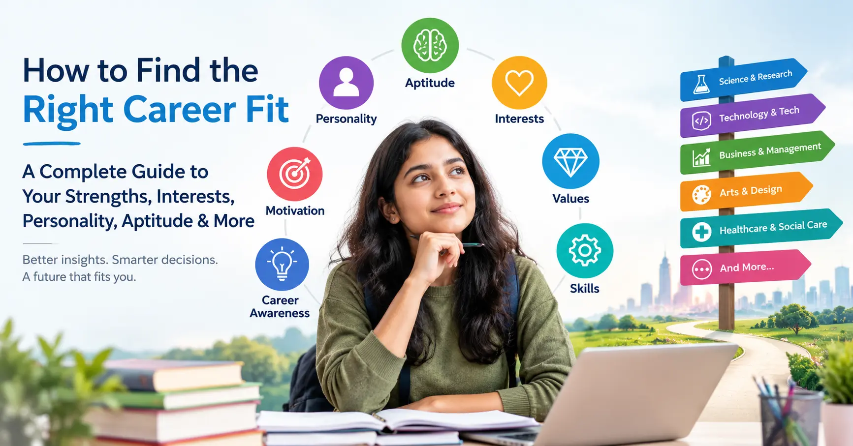 Career fit guide showing strengths, interests, personality, aptitude and career choices