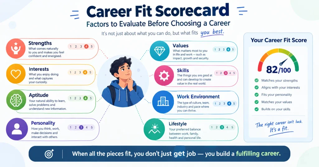 Career fit scorecard showing strengths, interests, aptitude, personality, values, skills, lifestyle and work environment