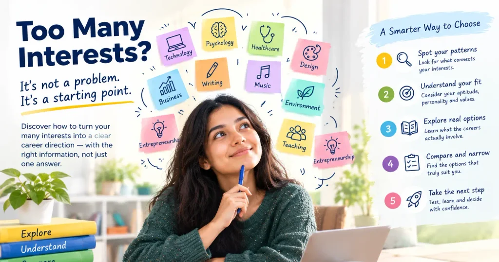 Infographic showing five steps to choose a career when you have too many interests